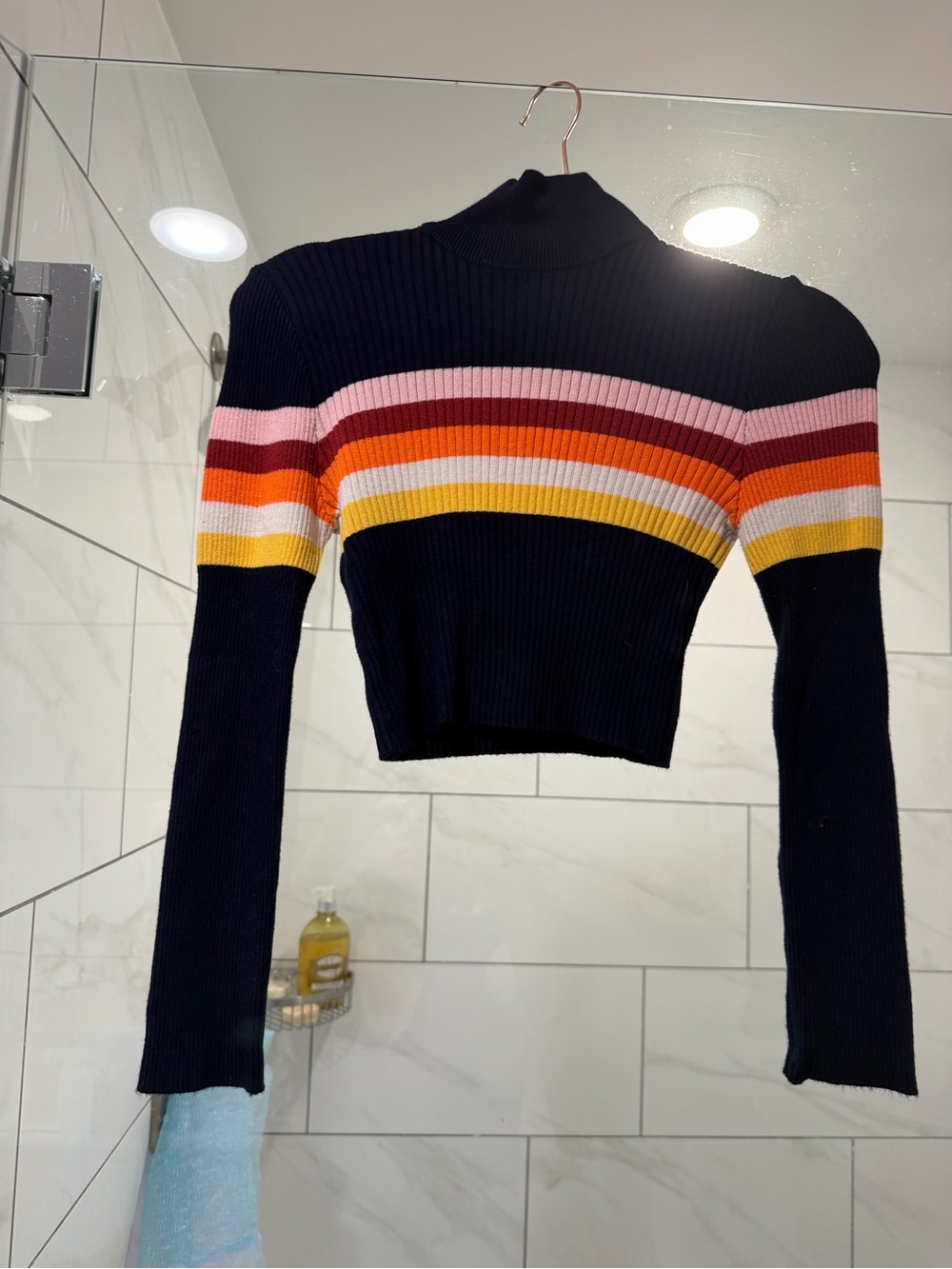 Cropped Navy Ribbed Turtleneck with Rainbow Stripes